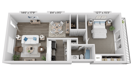 Floor plan for 1 bed, 1 bath, 927 sqft